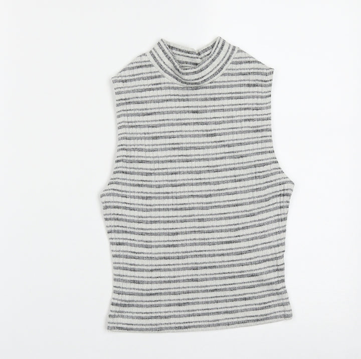 New Look Womens Grey Striped Cotton Basic Tank Size 8 High Neck