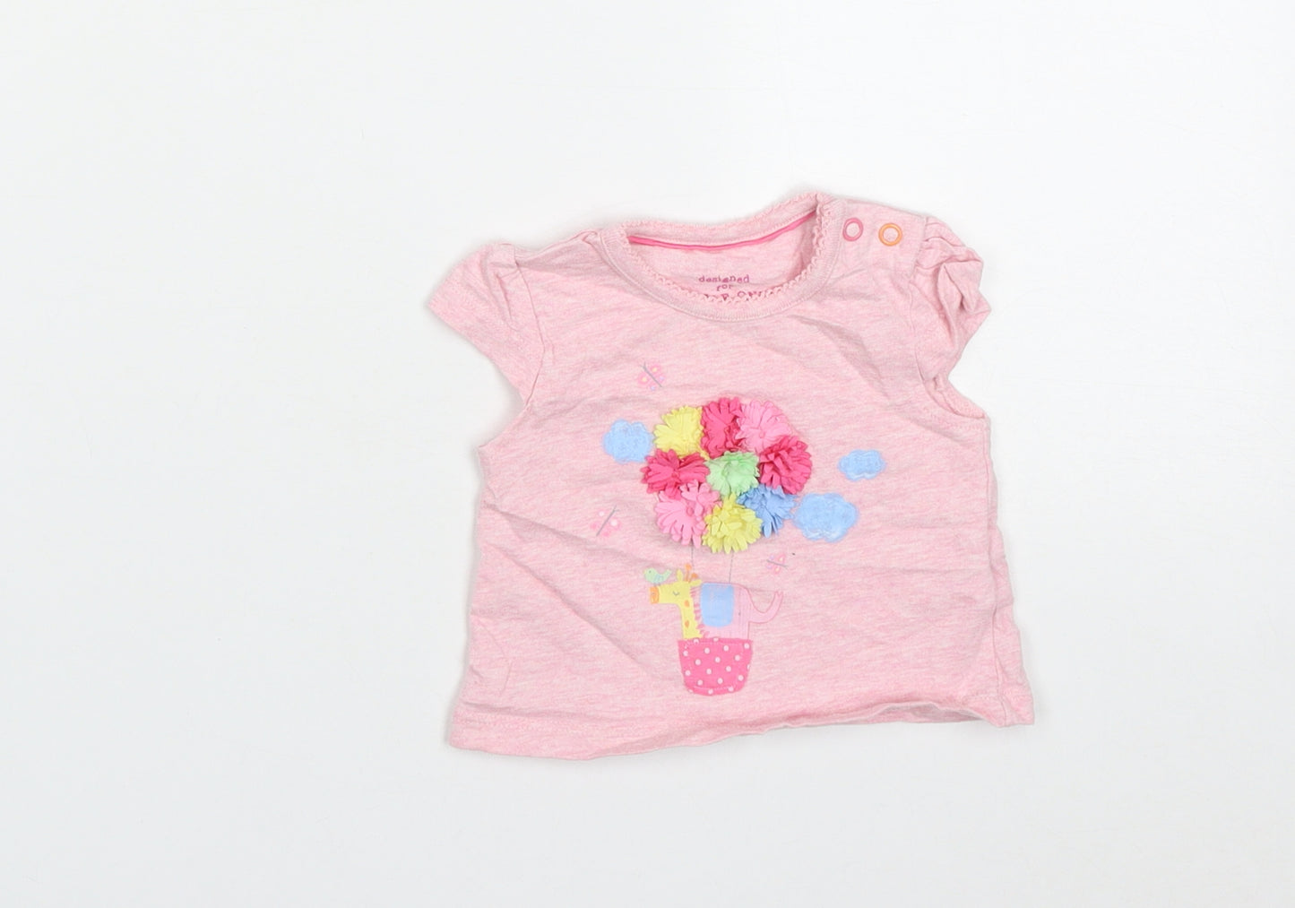 F&F Girls Pink  Cotton Basic T-Shirt Size 0-3 Months Round Neck Button - Animal