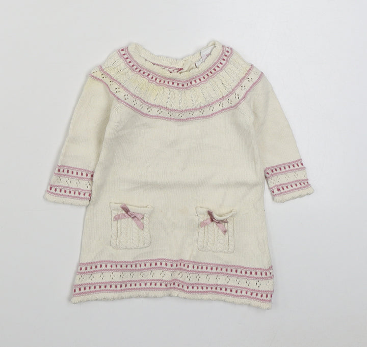 Polly Flinders Girls White  100% Cotton Jumper Dress  Size 6-9 Months  Round Neck Button