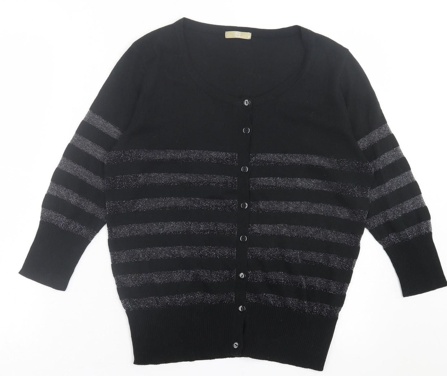 TU Womens Black Crew Neck Striped Acrylic Cardigan Jumper Size 16