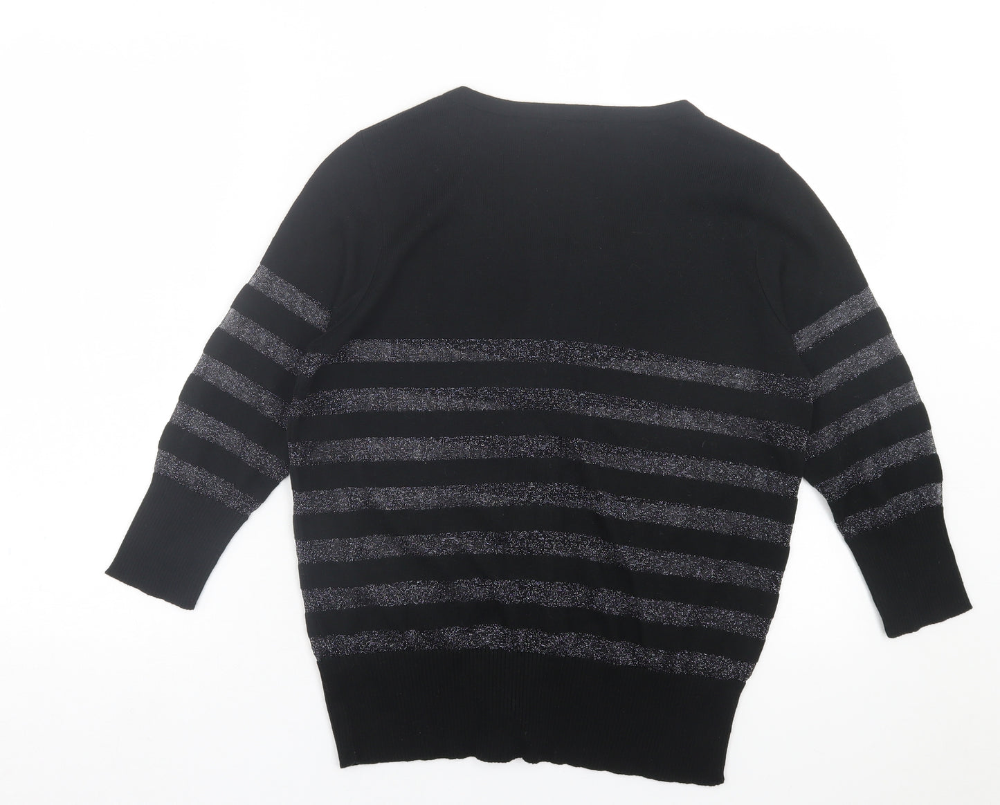 TU Womens Black Crew Neck Striped Acrylic Cardigan Jumper Size 16