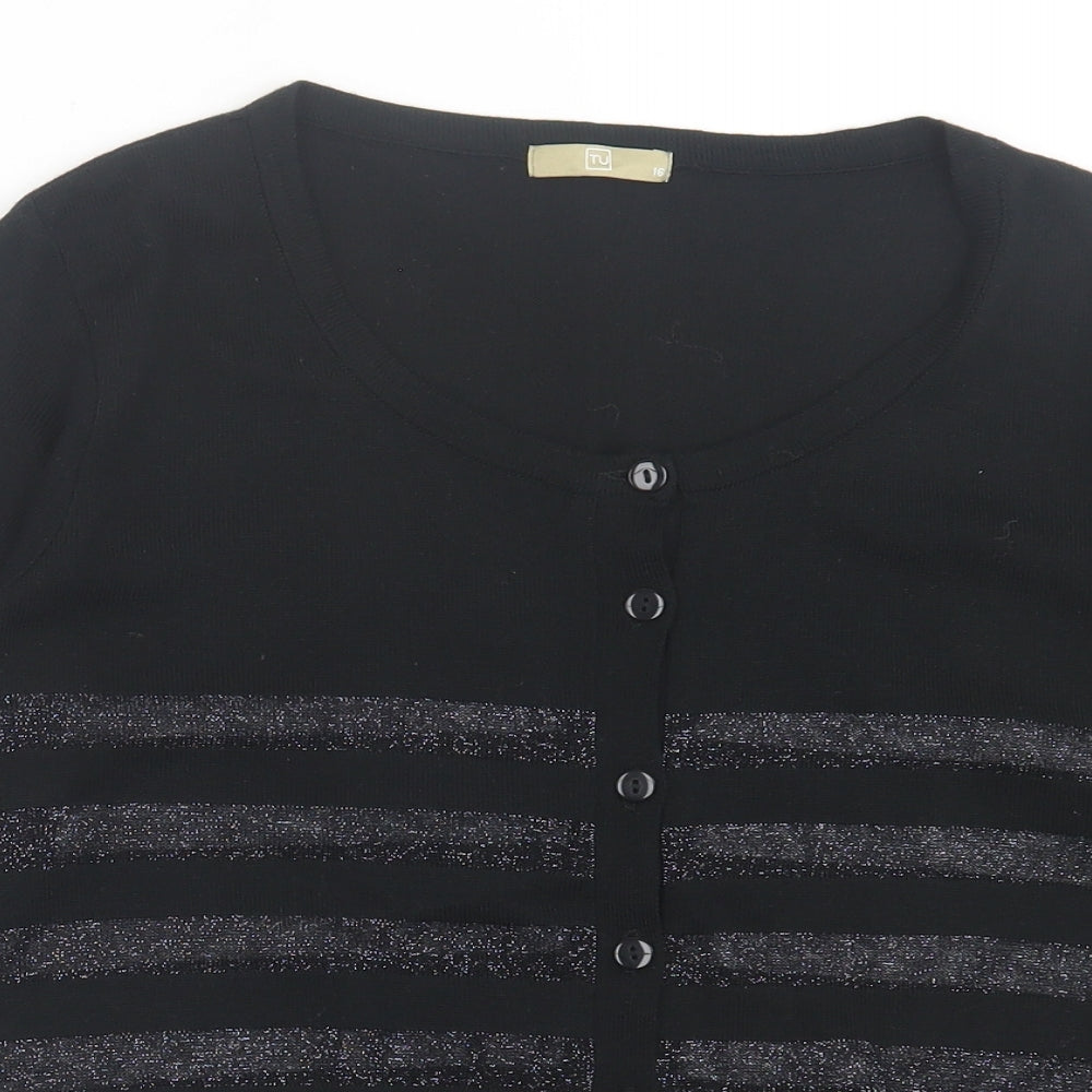 TU Womens Black Crew Neck Striped Acrylic Cardigan Jumper Size 16