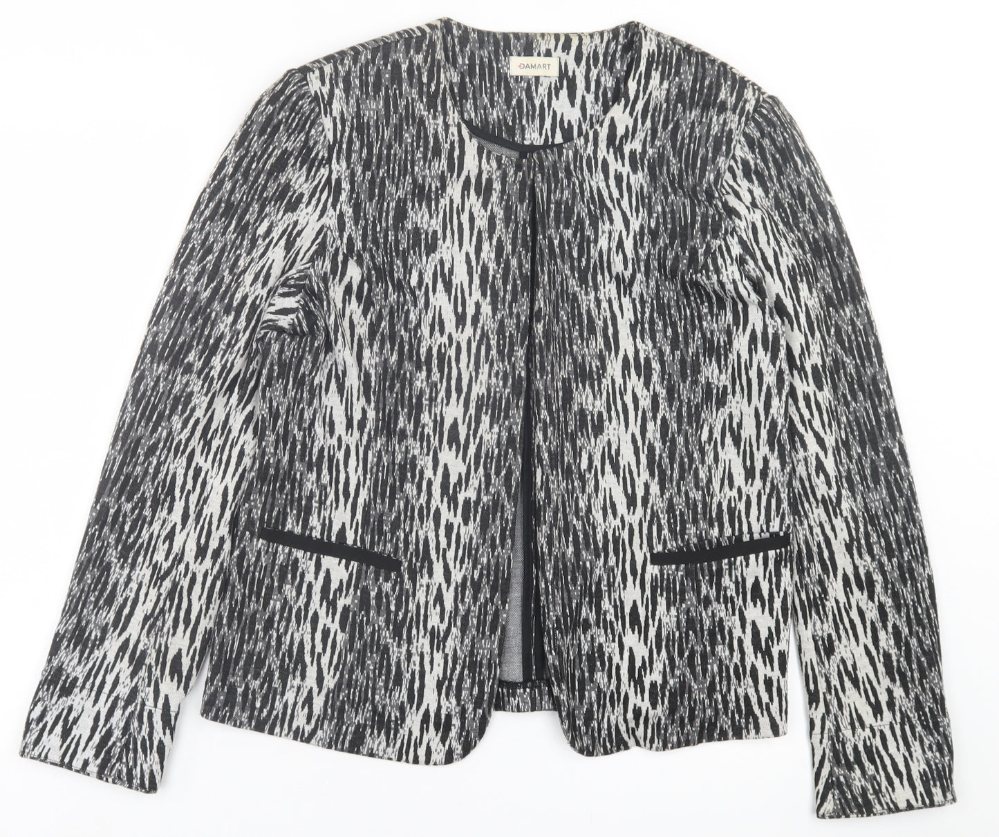 Damart Womens Black Geometric  Jacket Blazer Size 16  Hook & Eye