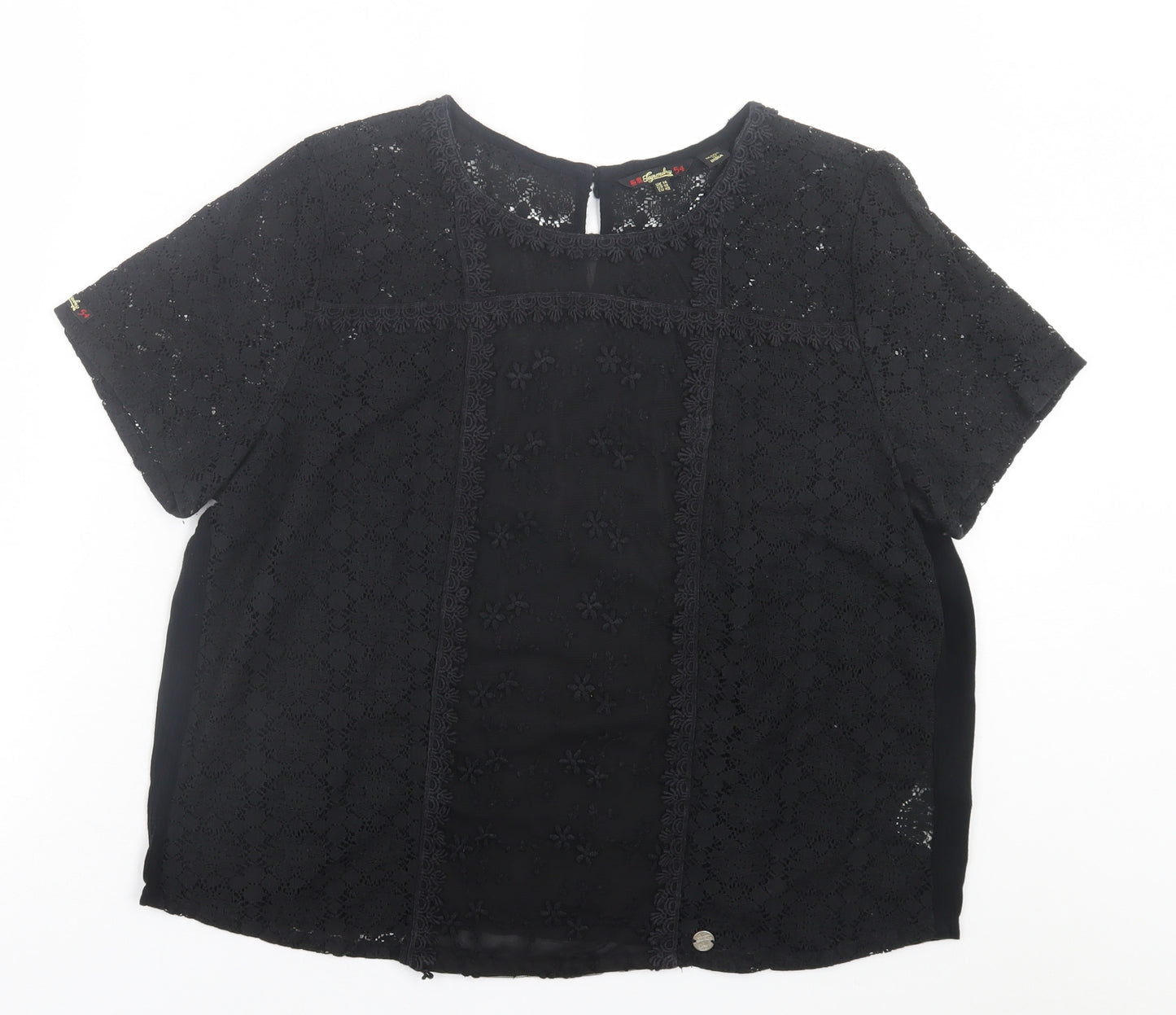 Superdry Womens Black Geometric Cotton Basic T-Shirt Size 14 Crew Neck