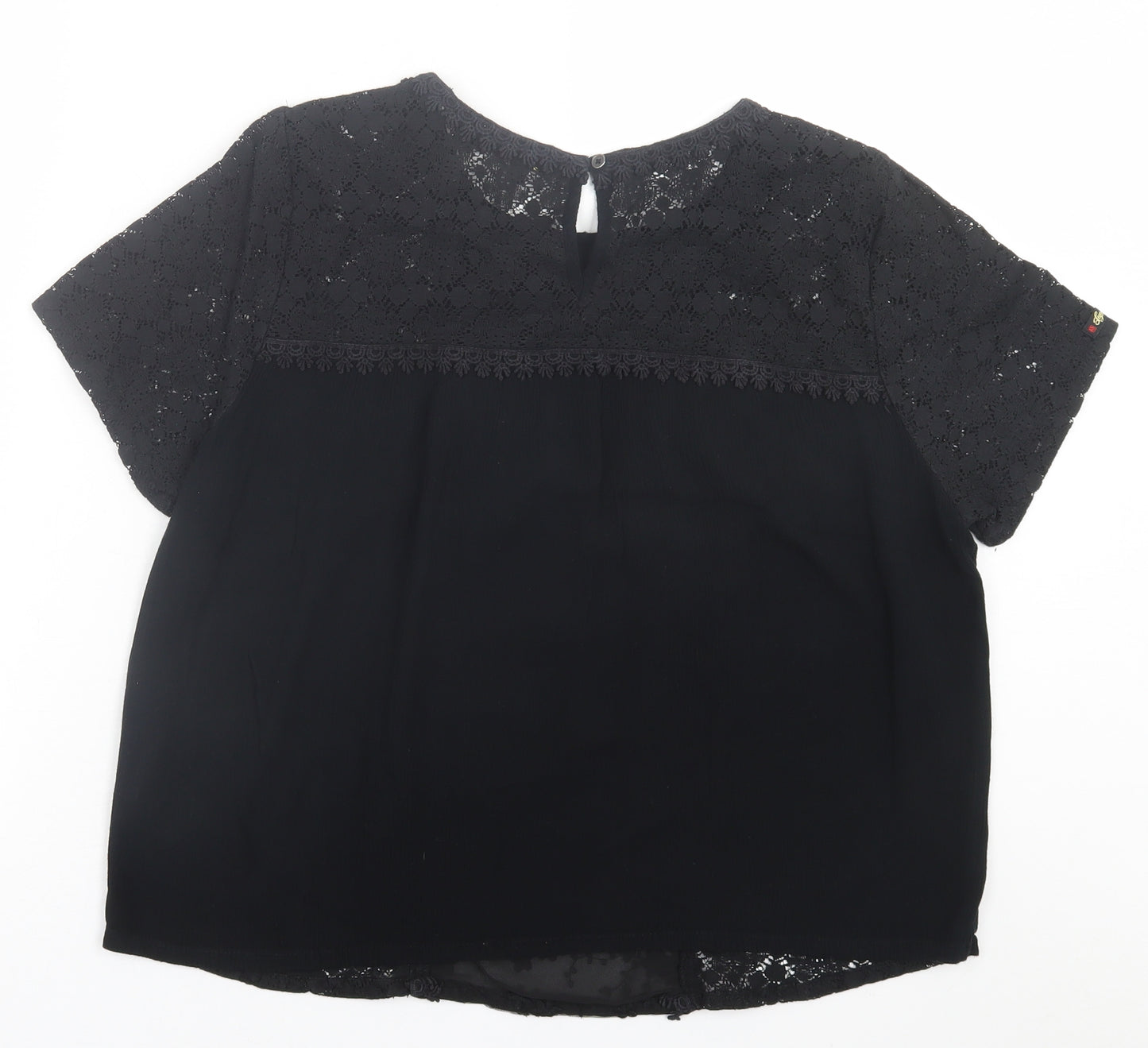 Superdry Womens Black Geometric Cotton Basic T-Shirt Size 14 Crew Neck