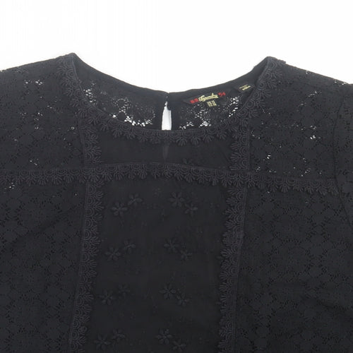 Superdry Womens Black Geometric Cotton Basic T-Shirt Size 14 Crew Neck