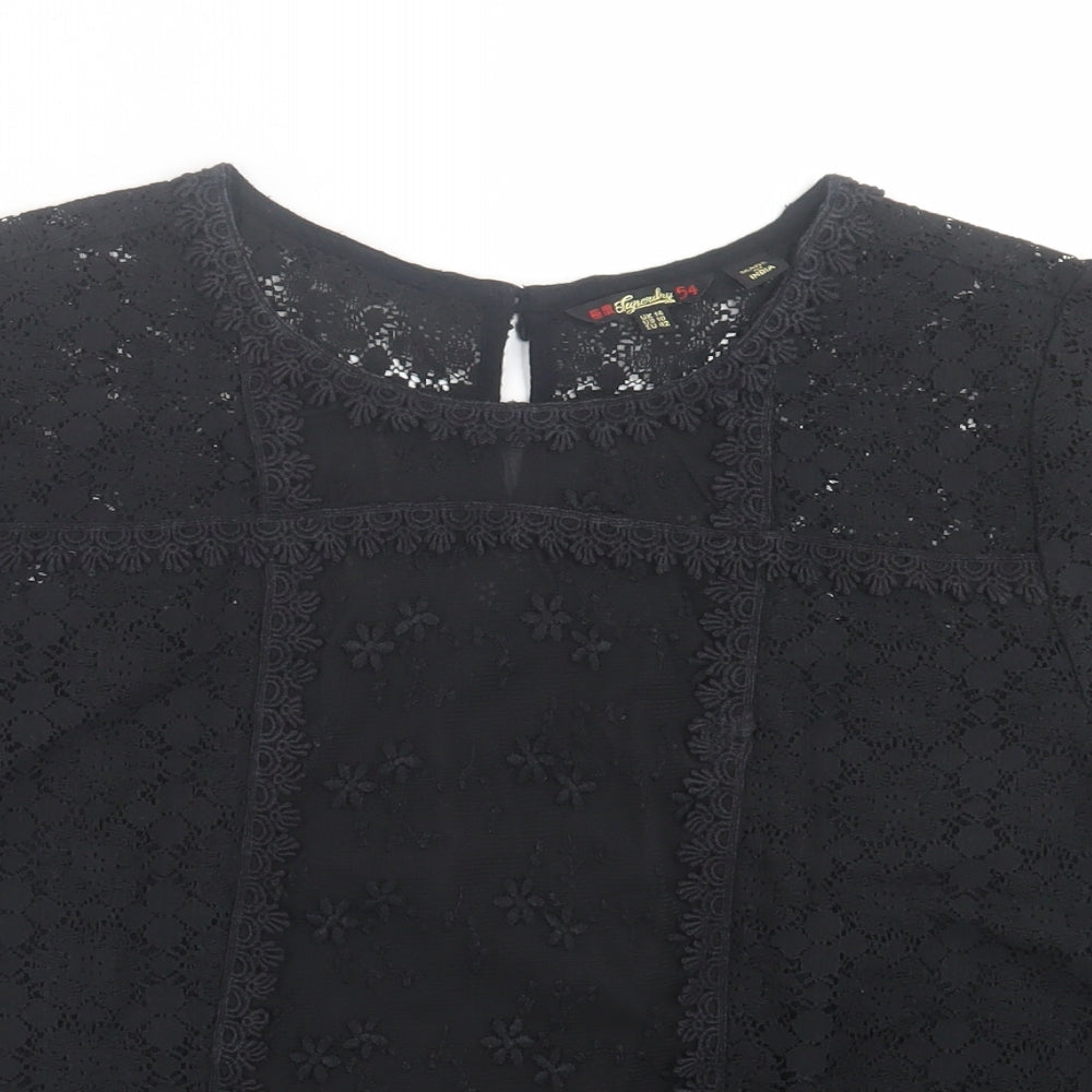 Superdry Womens Black Geometric Cotton Basic T-Shirt Size 14 Crew Neck