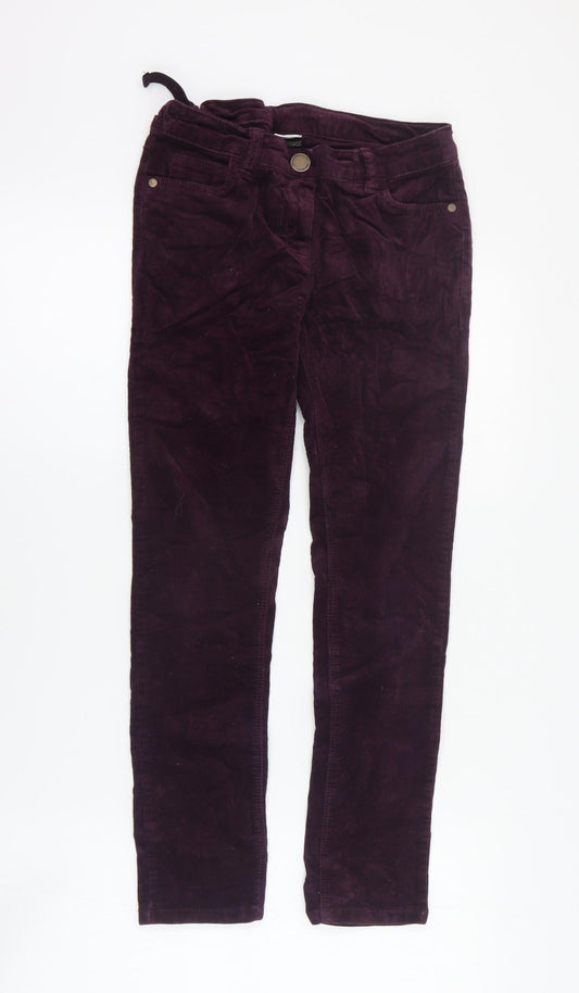 Front view of Next girls’ purple cotton straight jeans, size 10, years regular zip