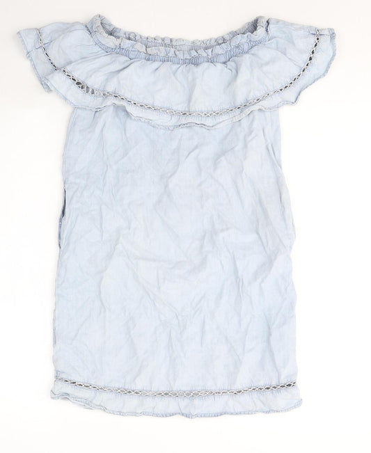 Front view of F&F women’s blue lyocell t-shirt dress, size UK 6, off the shoulder pullover
