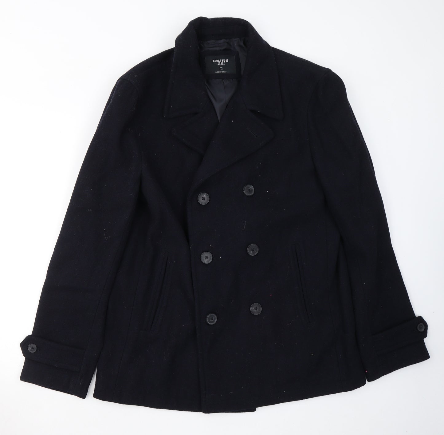 Cedar Wood State Mens Black   Pea Coat Coat Size L  Button