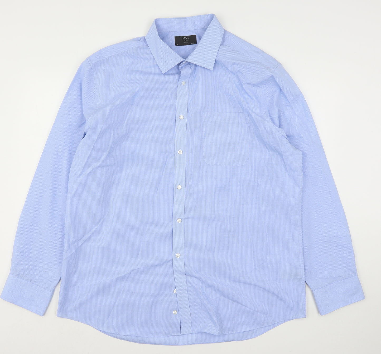Marks and Spencer Mens Blue Check Polyester  Dress Shirt Size 18 Collared
