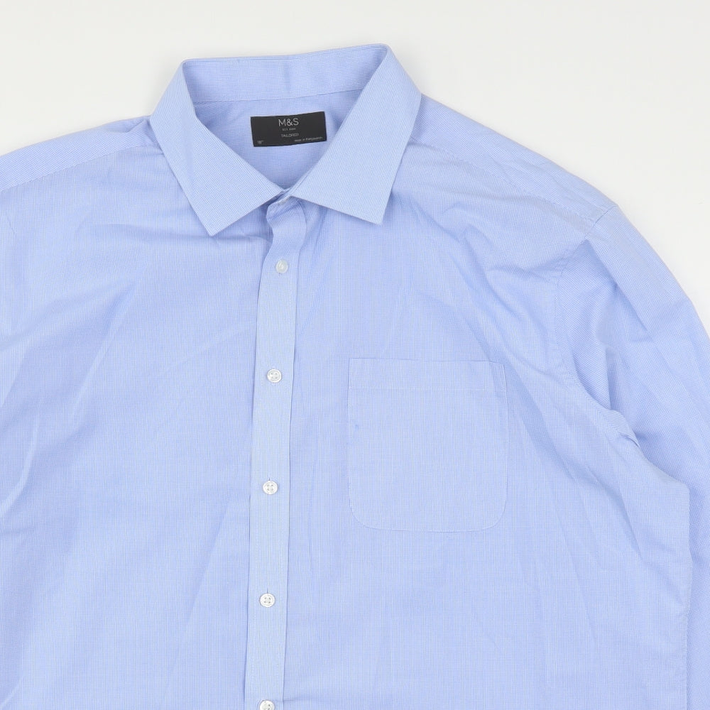 Marks and Spencer Mens Blue Check Polyester  Dress Shirt Size 18 Collared