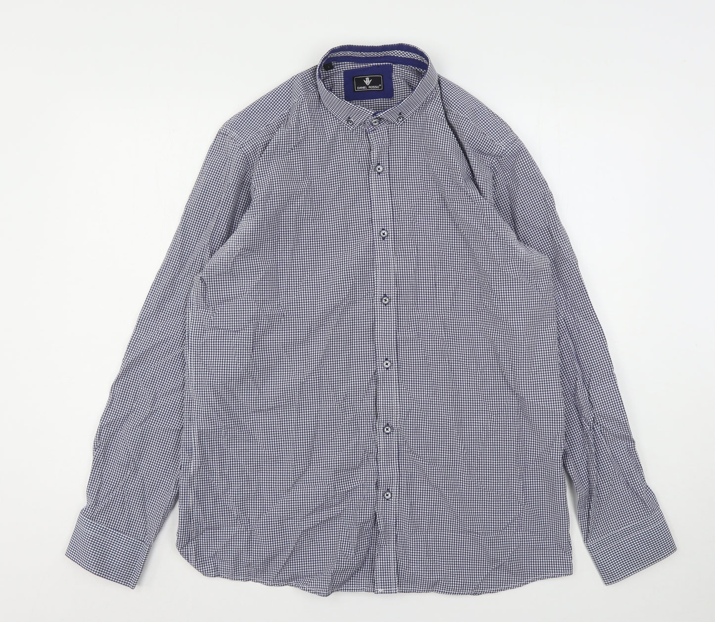 Daniel Rosso Mens Blue Check Cotton  Button-Up Size L Collared
