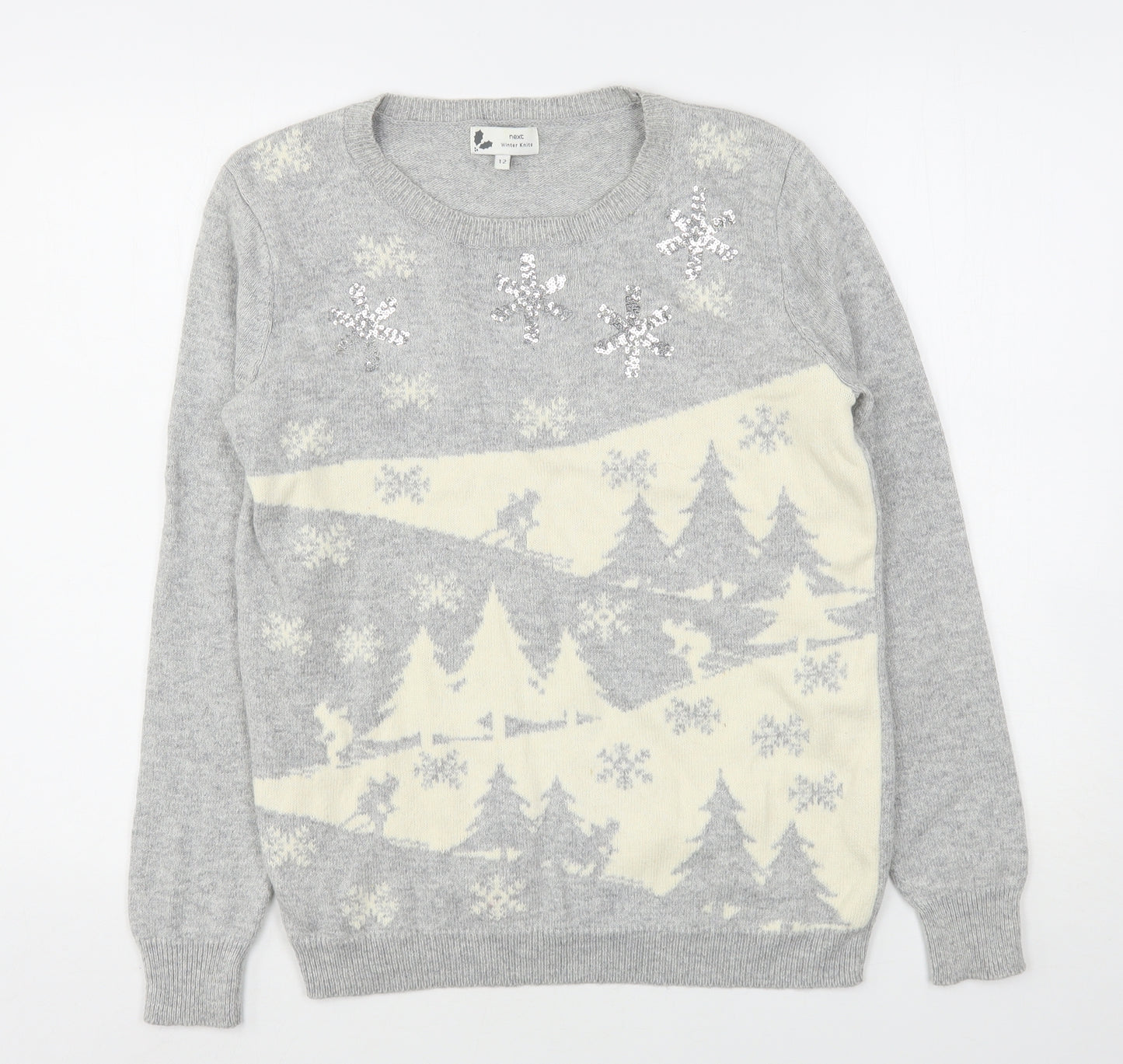 NEXT Womens Grey Round Neck Geometric Cotton Pullover Jumper Size 12   - Christmas