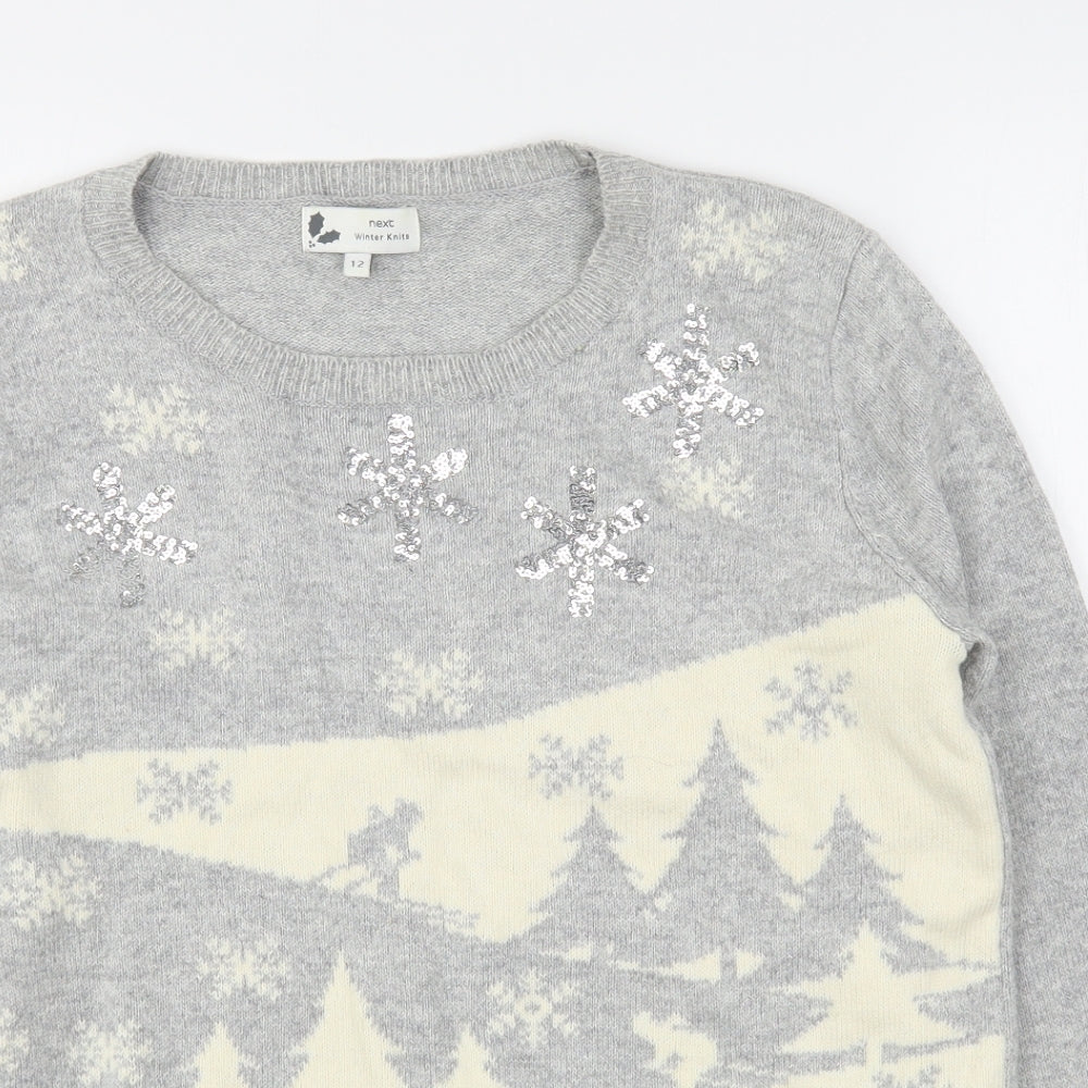 NEXT Womens Grey Round Neck Geometric Cotton Pullover Jumper Size 12   - Christmas