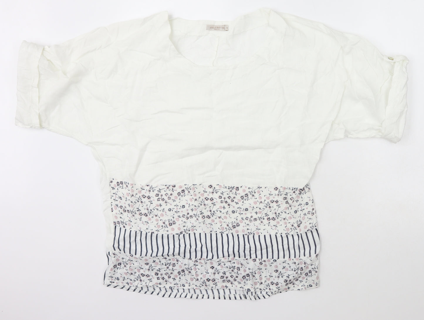 Stella Martini Womens White Floral Linen Basic T-Shirt Size M Scoop Neck