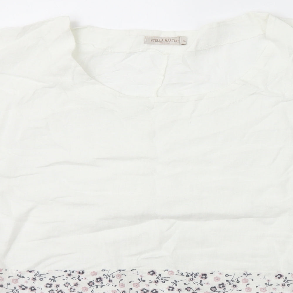 Stella Martini Womens White Floral Linen Basic T-Shirt Size M Scoop Neck