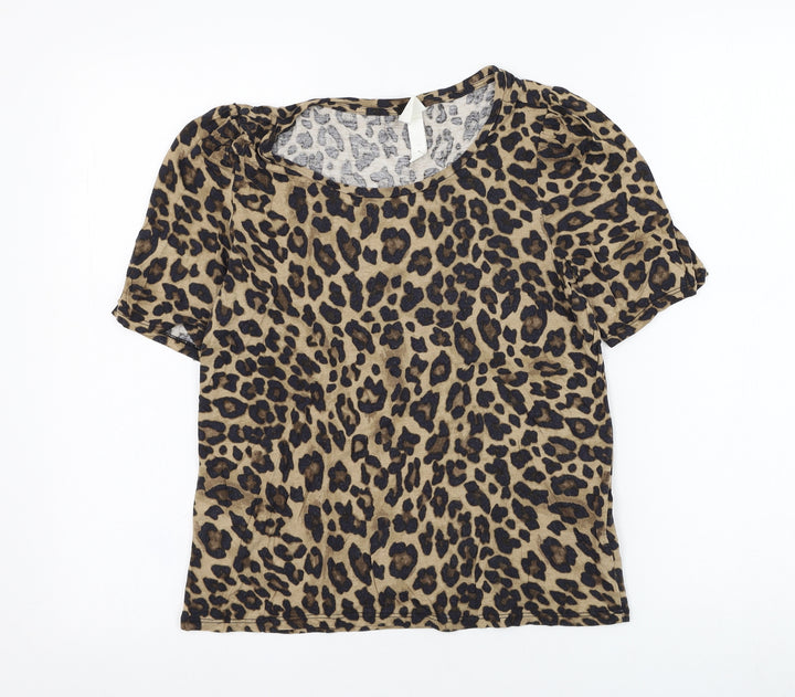 H&M Womens Brown Animal Print Viscose Basic T-Shirt Size S Round Neck