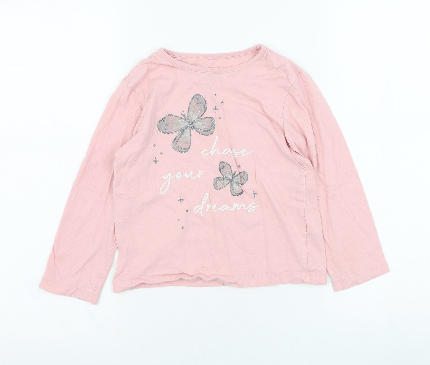 Primark Girls Pink  Cotton Basic T-Shirt Size 5-6 Years Round Neck Pullover - Butterfly