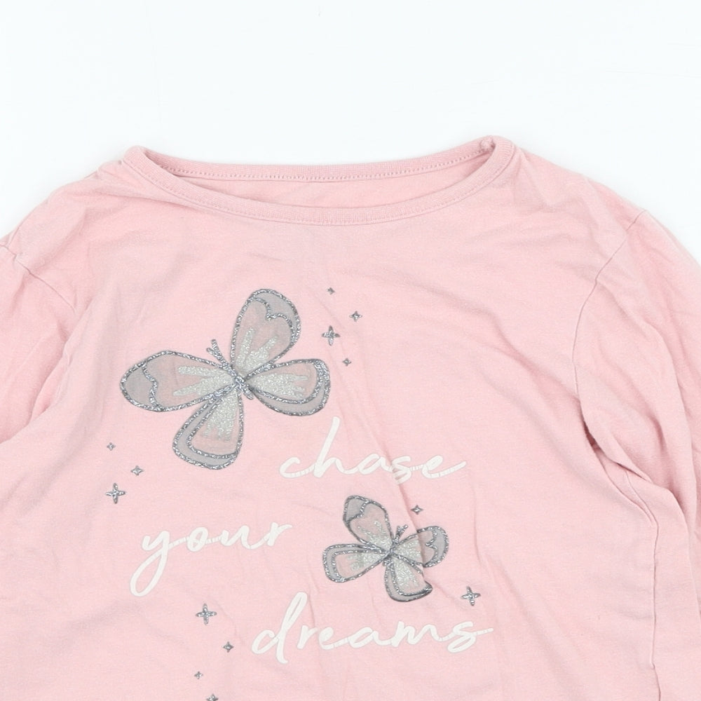 Primark Girls Pink  Cotton Basic T-Shirt Size 5-6 Years Round Neck Pullover - Butterfly
