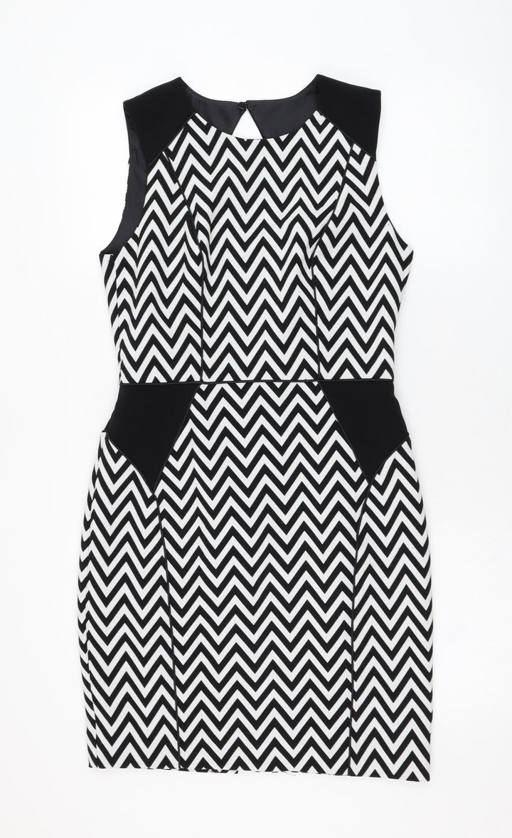 H&M Womens White Striped Polyester Pencil Dress Size 10 Round Neck Button