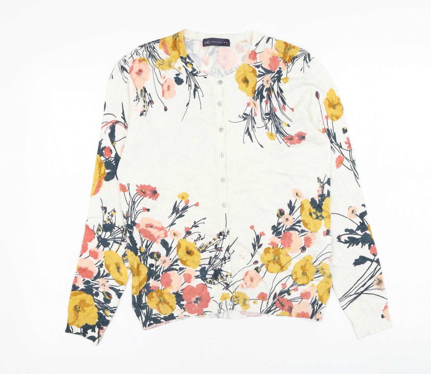 Marks and Spencer Womens White Round Neck Floral Viscose Pullover Jumper Size 10