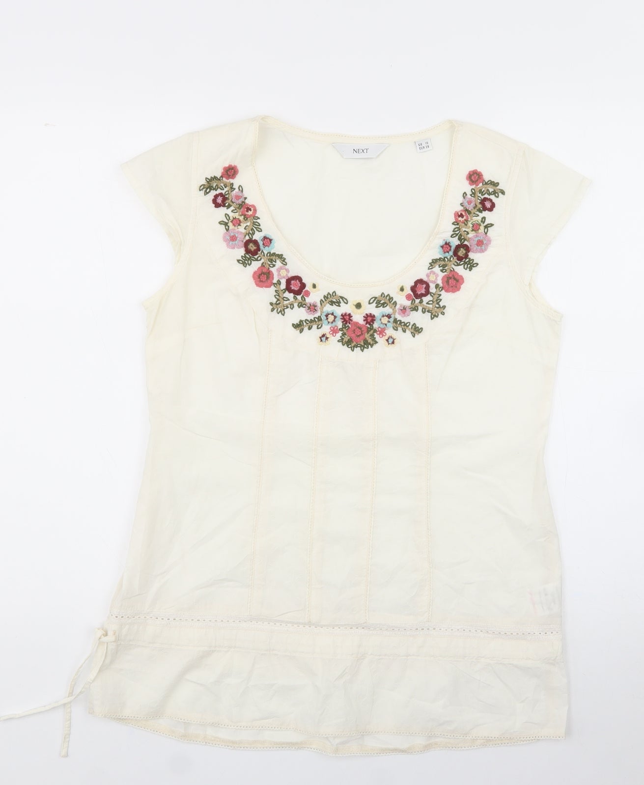 NEXT Womens White  100% Cotton Basic Blouse Size 10 Scoop Neck - Flowers