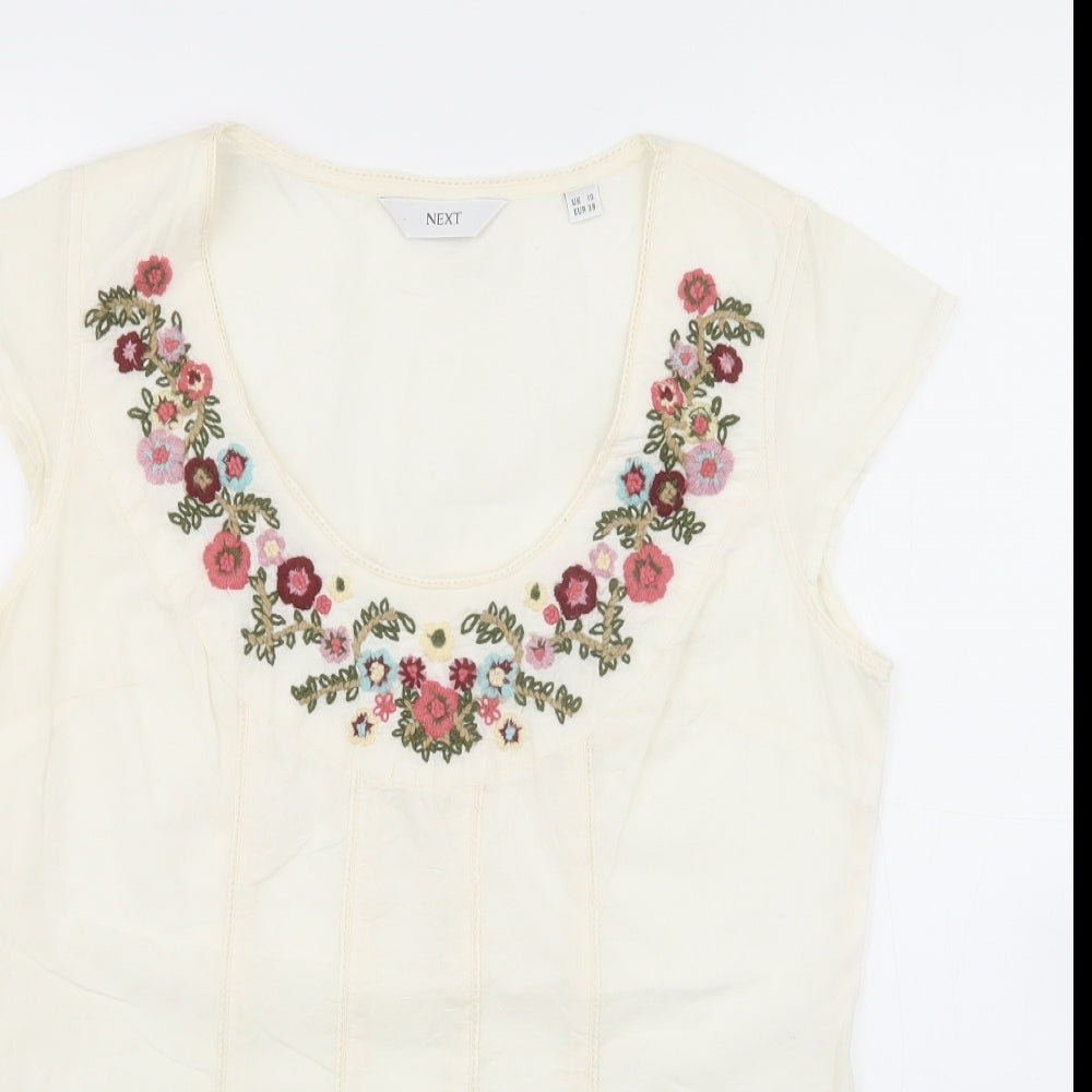 NEXT Womens White  100% Cotton Basic Blouse Size 10 Scoop Neck - Flowers
