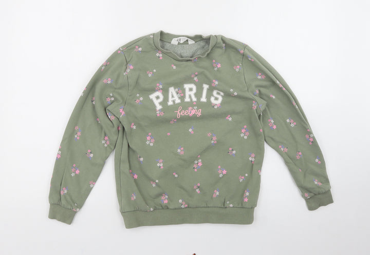 H&M Girls Green Floral Cotton Pullover Sweatshirt    - Paris