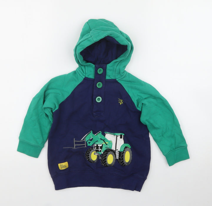 Little Light House Boys Blue 100% Cotton Henley Hoodie - Tractor