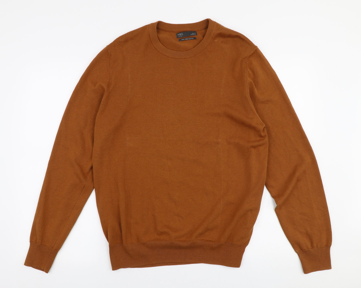 Marks and Spencer Mens Brown Round Neck  Cotton Pullover Jumper Size L