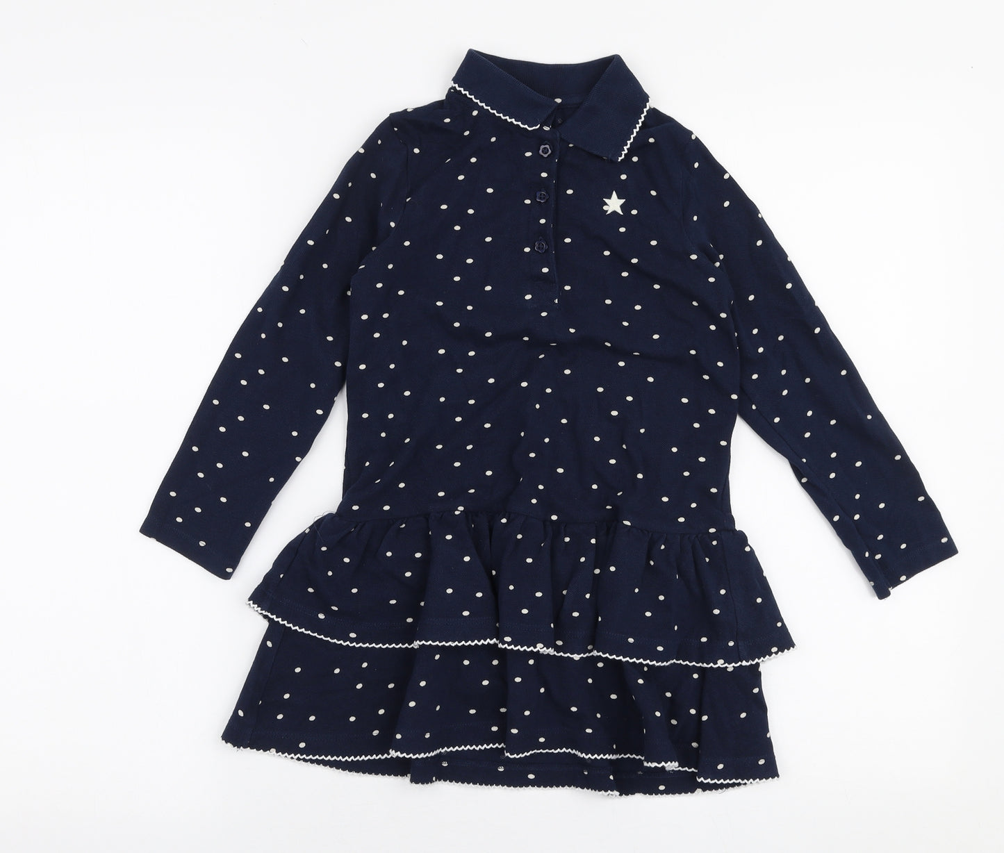 NEXT Girls Blue Polka Dot 100% Cotton Trapeze & Swing  Size 5-6 Years  Collared Button