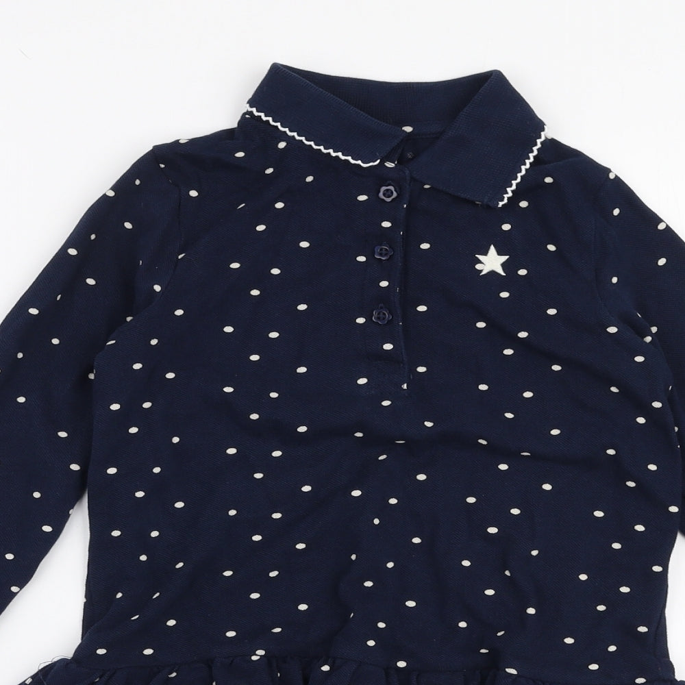 NEXT Girls Blue Polka Dot 100% Cotton Trapeze & Swing  Size 5-6 Years  Collared Button