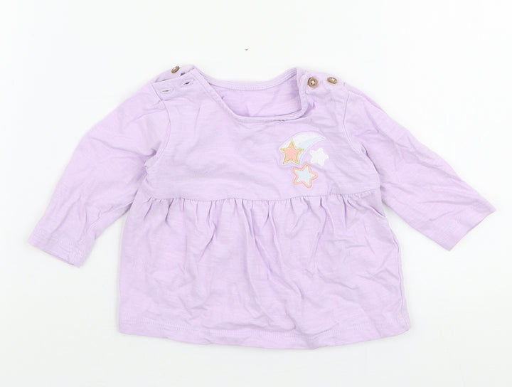 Marks and Spencer Girls Purple 100% Cotton Jersey T-Shirt Size 0-3 Months Round Neck Button - Stars