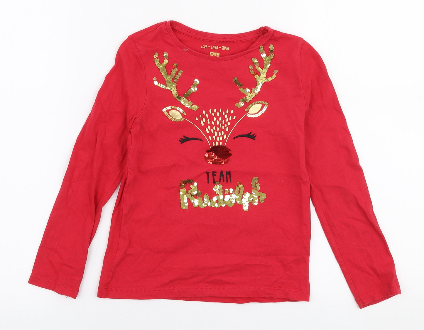 F&F Girls Red  Cotton Jersey T-Shirt Size 6-7 Years Round Neck Pullover - Christmas Reindeer
