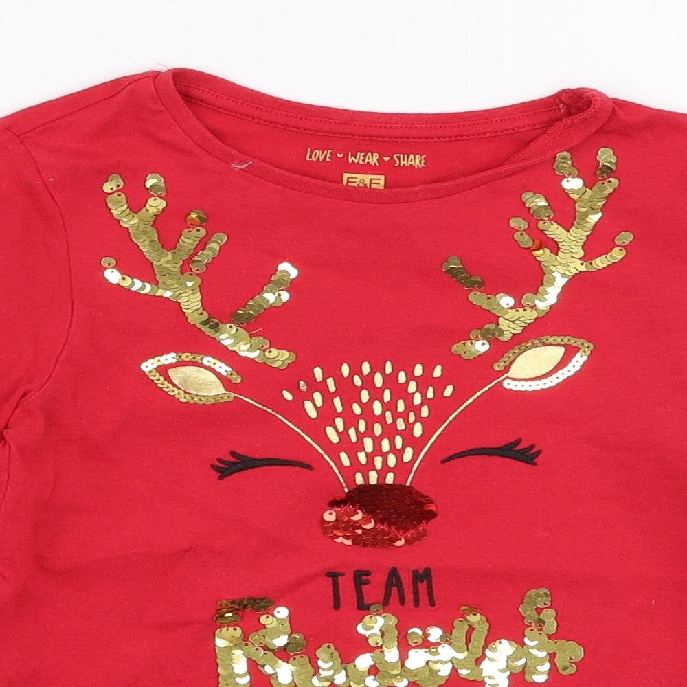 F&F Girls Red  Cotton Jersey T-Shirt Size 6-7 Years Round Neck Pullover - Christmas Reindeer