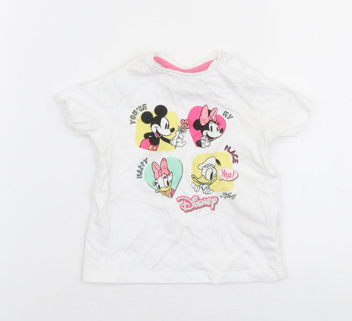 F&F Girls White Cotton Jersey T-Shirt Size 6-9 Months Round Neck Snap - Disney