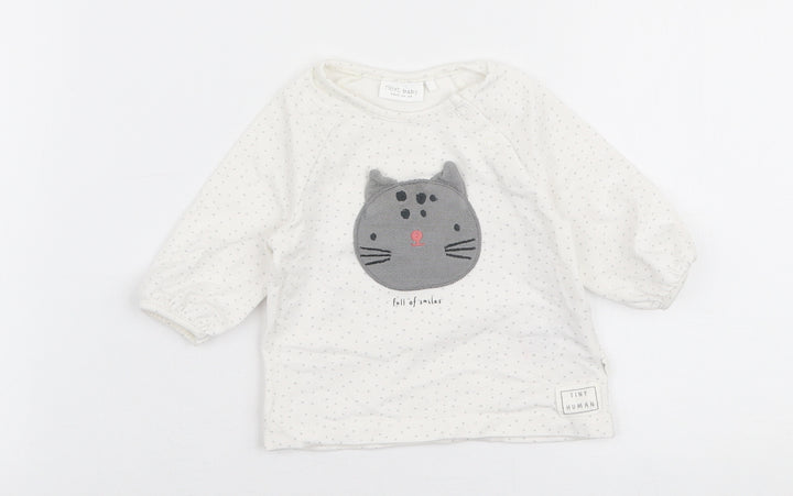 NEXT Girls White Polka Dot Cotton Jersey T-Shirt Size Newborn Round Neck Snap - Cat