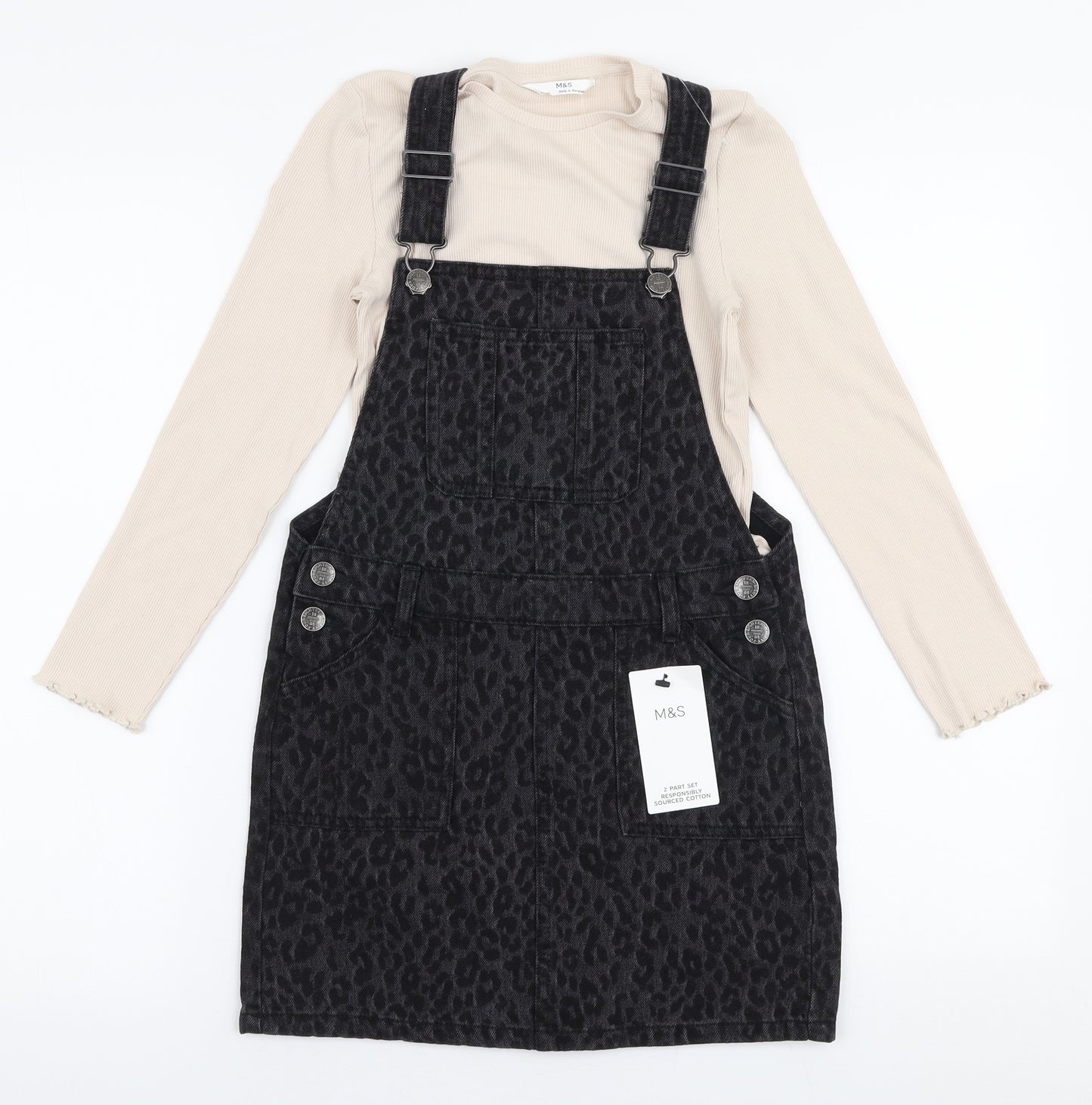 Marks and Spencer Girls Grey Animal Print 100% Cotton Pinafore/Dungaree Dress  Size 8-9 Years  High Neck Pullover - 2 part set