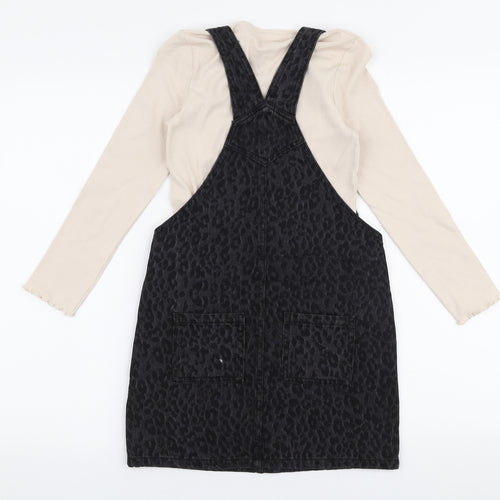 Marks and Spencer Girls Grey Animal Print 100% Cotton Pinafore/Dungaree Dress  Size 8-9 Years  High Neck Pullover - 2 part set