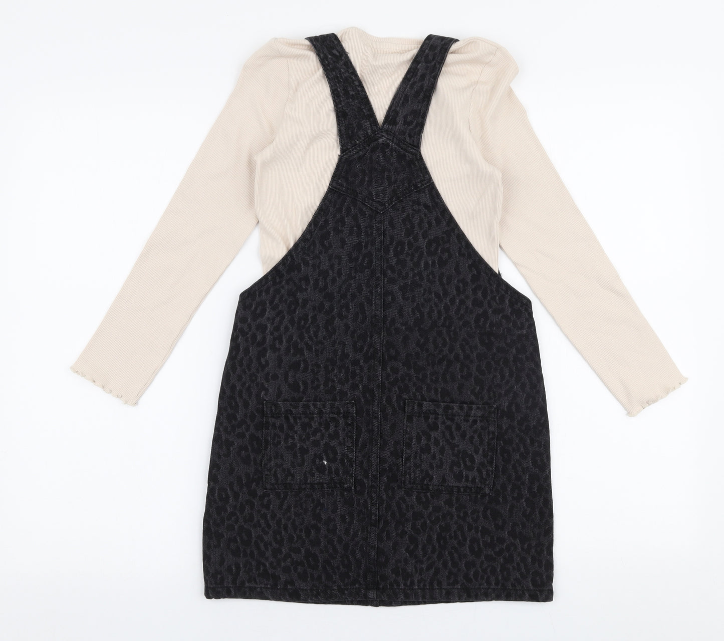 Marks and Spencer Girls Grey Animal Print 100% Cotton Pinafore/Dungaree Dress  Size 8-9 Years  High Neck Pullover - 2 part set
