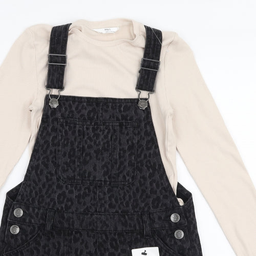 Marks and Spencer Girls Grey Animal Print 100% Cotton Pinafore/Dungaree Dress  Size 8-9 Years  High Neck Pullover - 2 part set