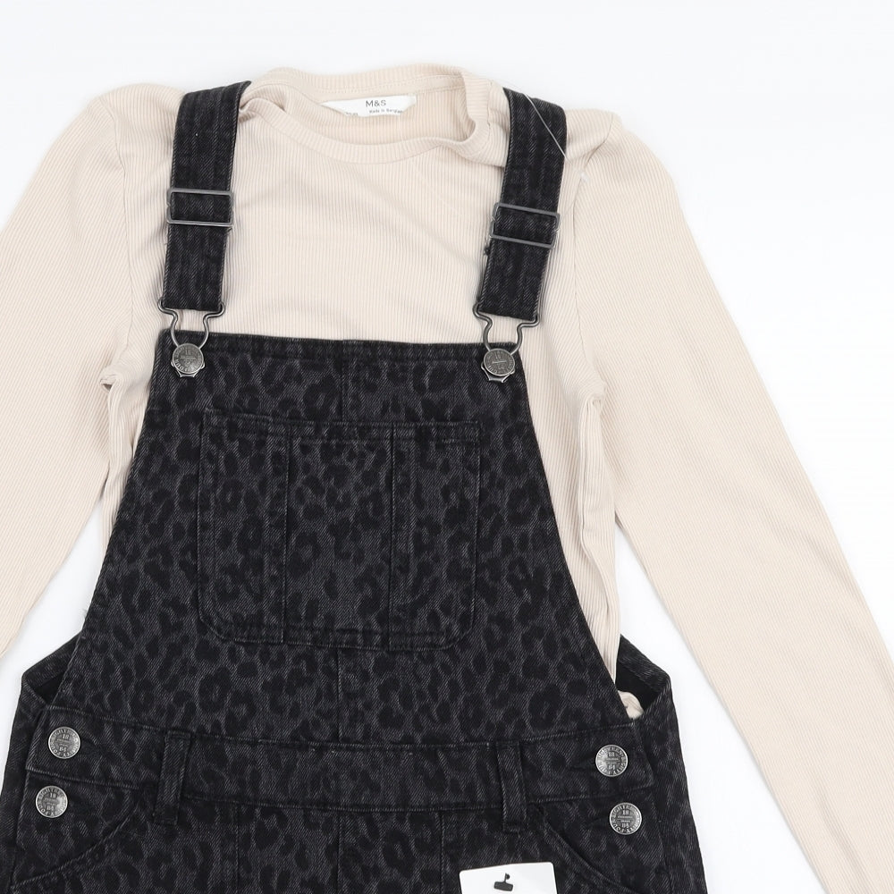 Marks and Spencer Girls Grey Animal Print 100% Cotton Pinafore/Dungaree Dress  Size 8-9 Years  High Neck Pullover - 2 part set