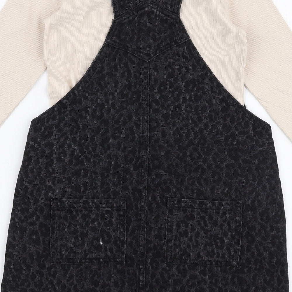 Marks and Spencer Girls Grey Animal Print 100% Cotton Pinafore/Dungaree Dress  Size 8-9 Years  High Neck Pullover - 2 part set