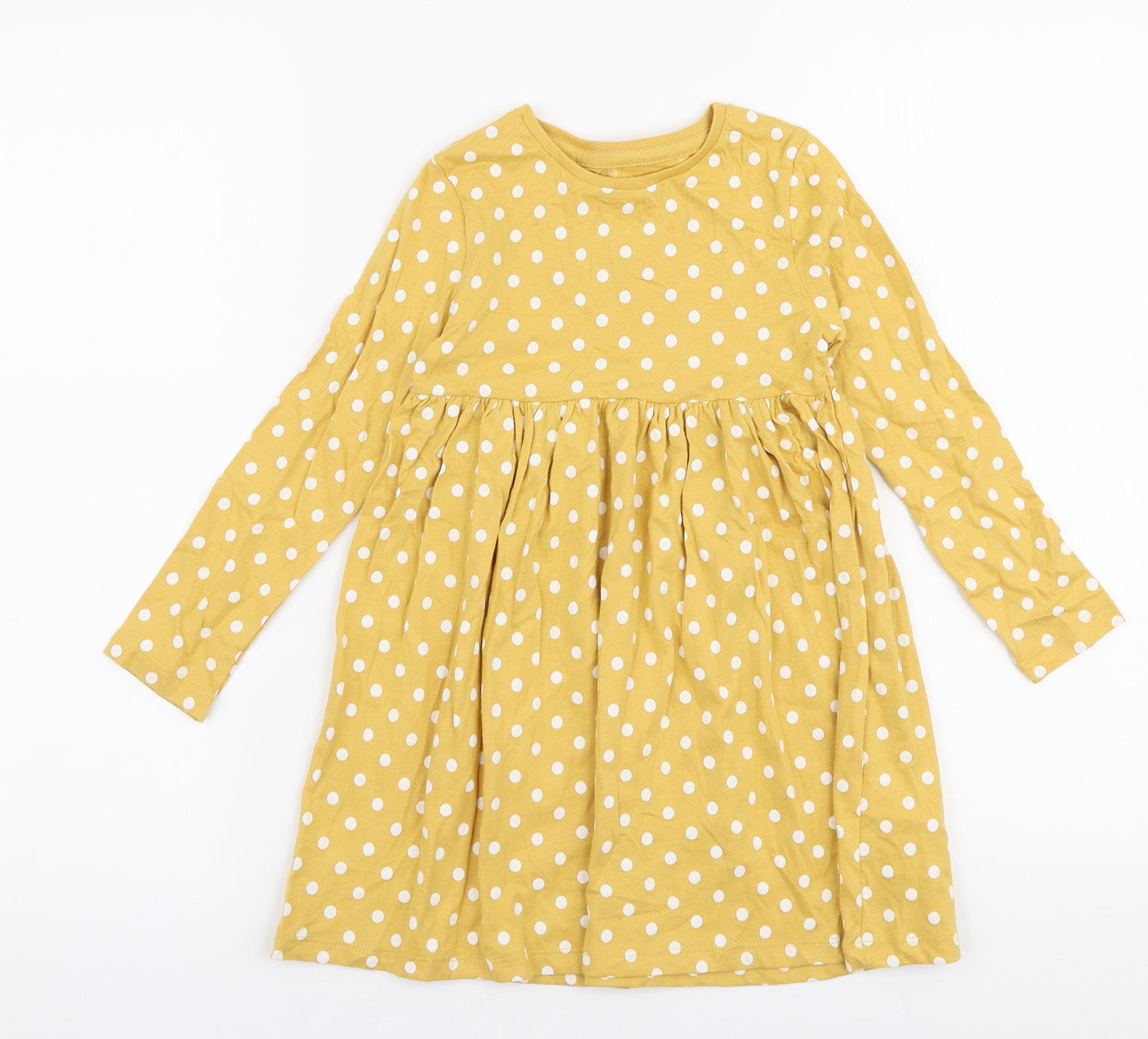 F&F Girls Yellow Polka Dot 100% Cotton Skater Dress  Size 4-5 Years  Round Neck Pullover