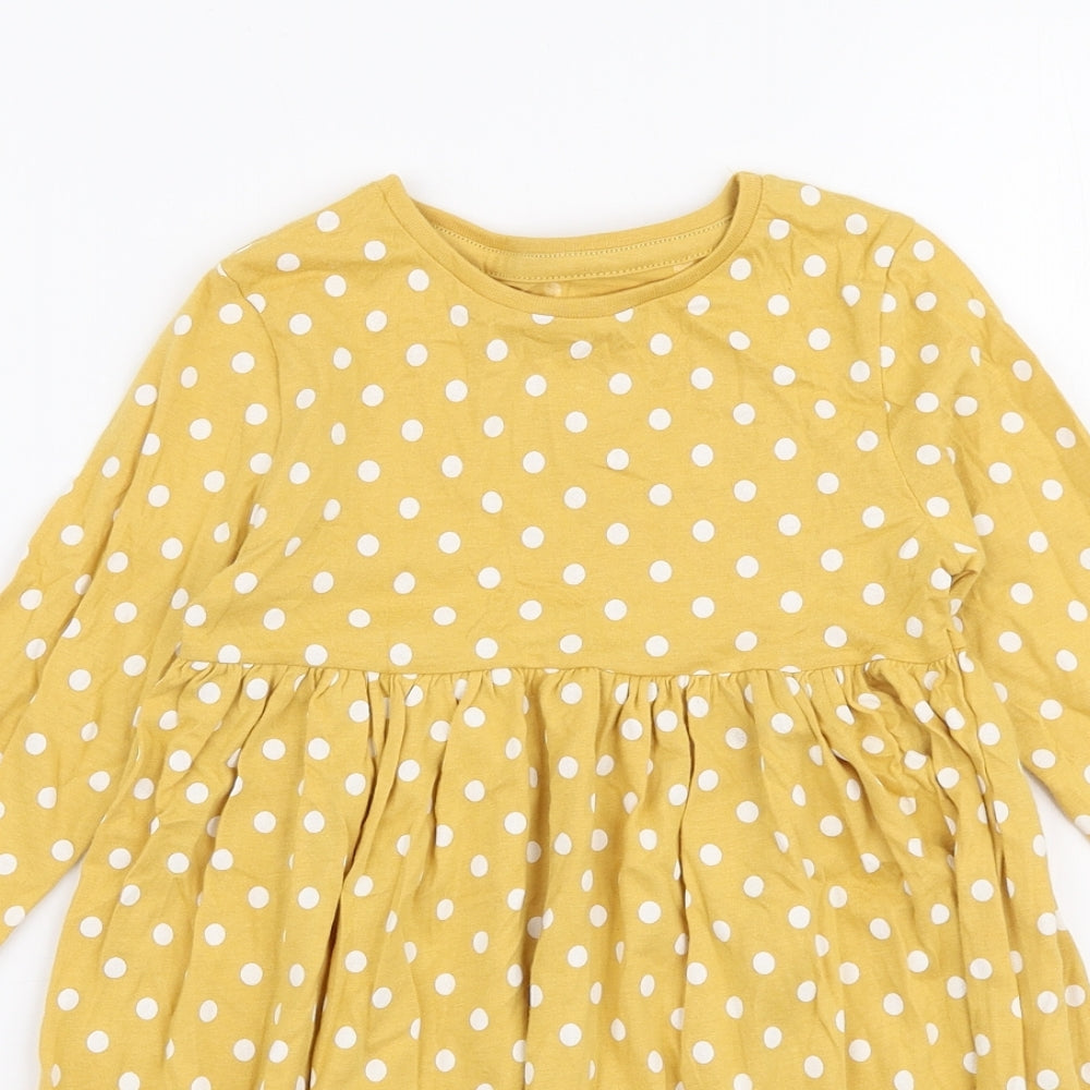 F&F Girls Yellow Polka Dot 100% Cotton Skater Dress  Size 4-5 Years  Round Neck Pullover