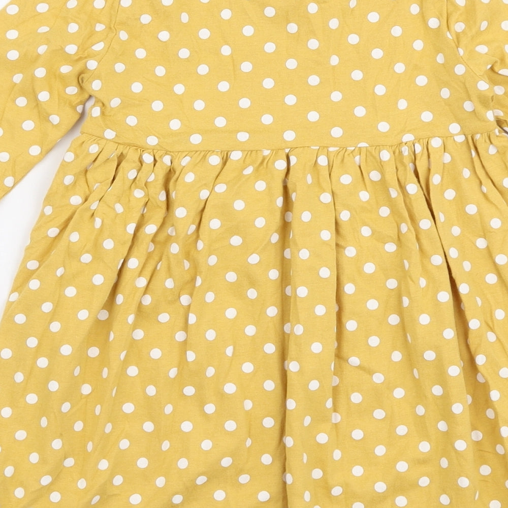 F&F Girls Yellow Polka Dot 100% Cotton Skater Dress  Size 4-5 Years  Round Neck Pullover