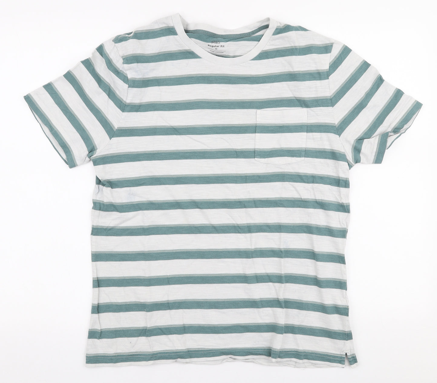 Marks and Spencer Mens Multicoloured Striped Cotton  T-Shirt Size M Round Neck