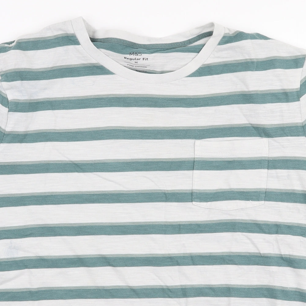 Marks and Spencer Mens Multicoloured Striped Cotton  T-Shirt Size M Round Neck