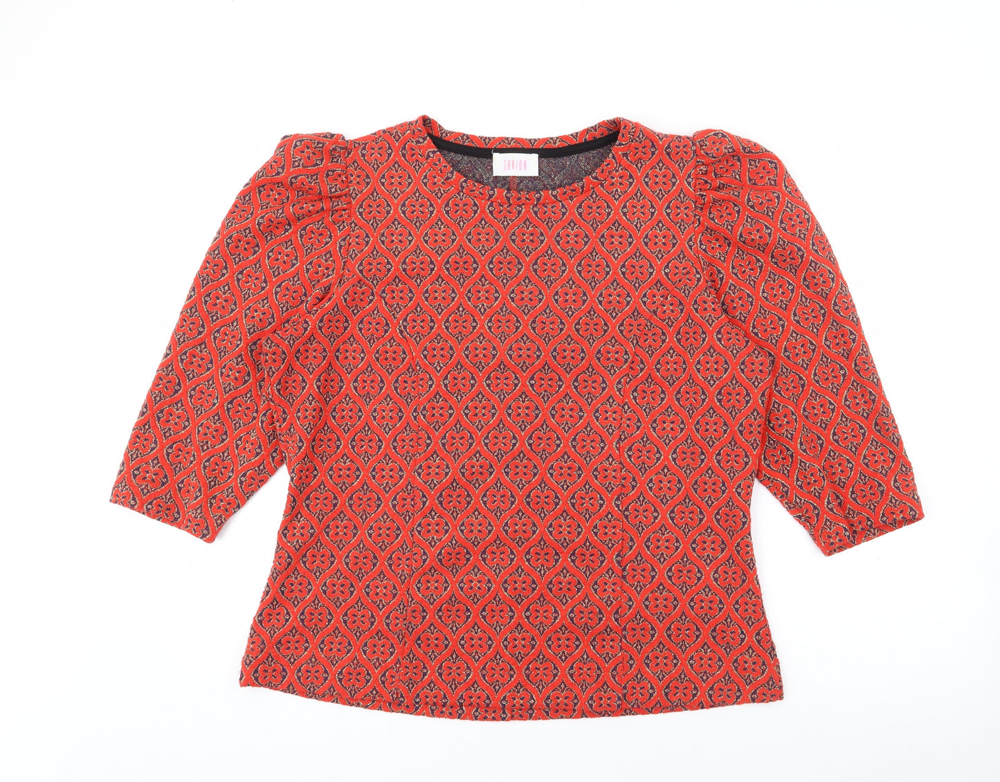 Savioa Womens Red Round Neck Geometric Polyester Pullover Jumper Size XL